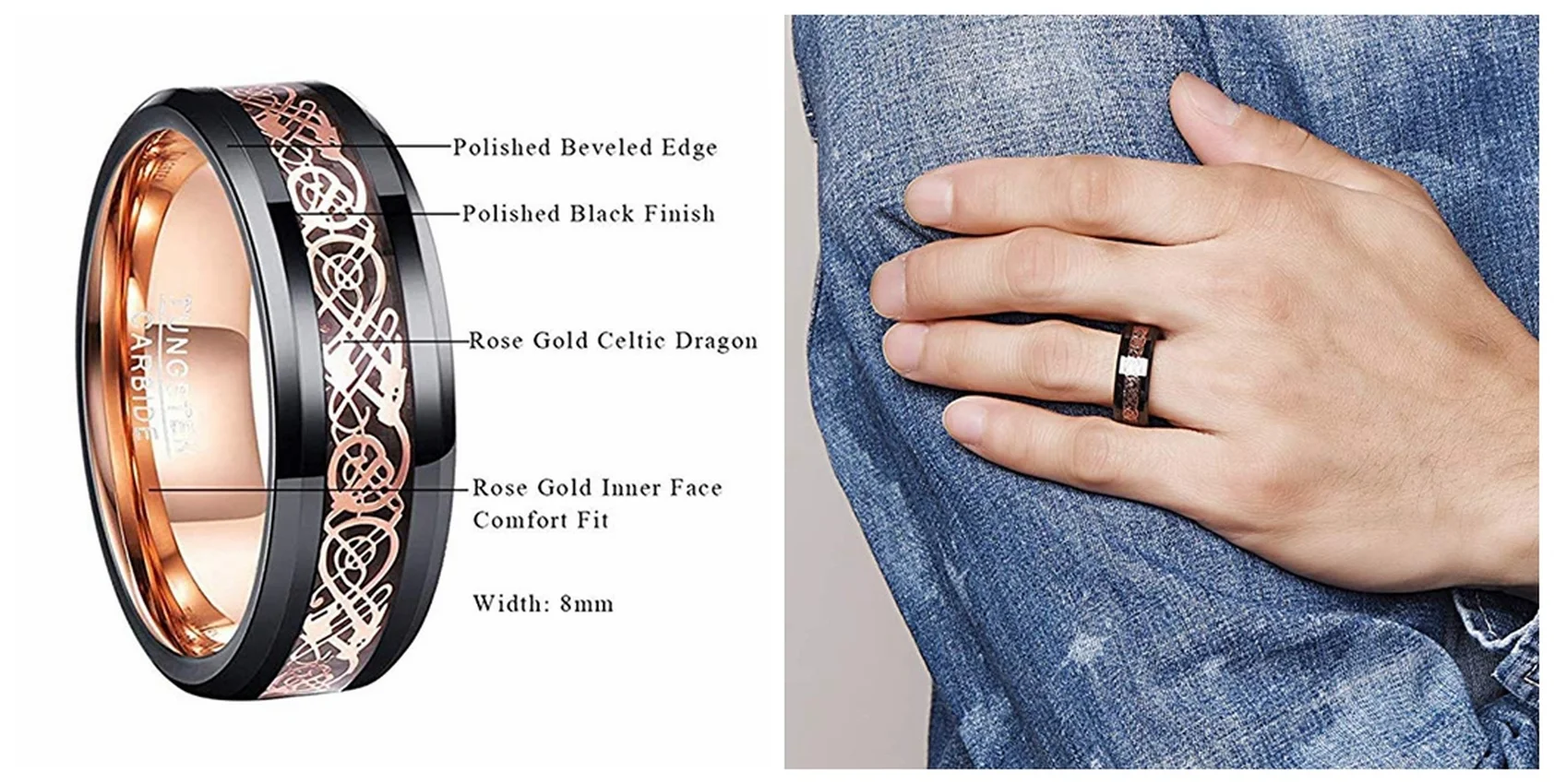 8MM Rose Gold Dragon Pattern Tungsten Steel Men's Ring