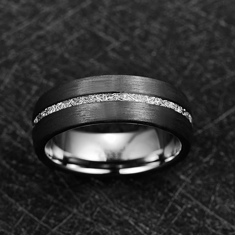 Inlaid Carbon Fiber Black Meteorite Tungsten Ring