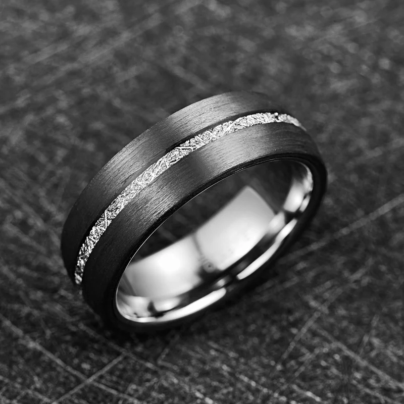 Inlaid Carbon Fiber Black Meteorite Tungsten Ring