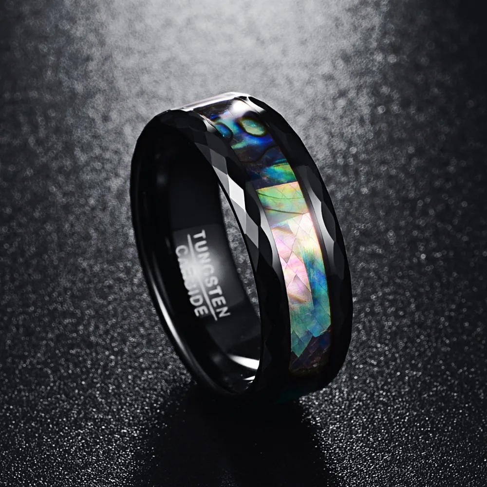 8mm Abalone Shell Black Faceted Tungsten Mens Ring