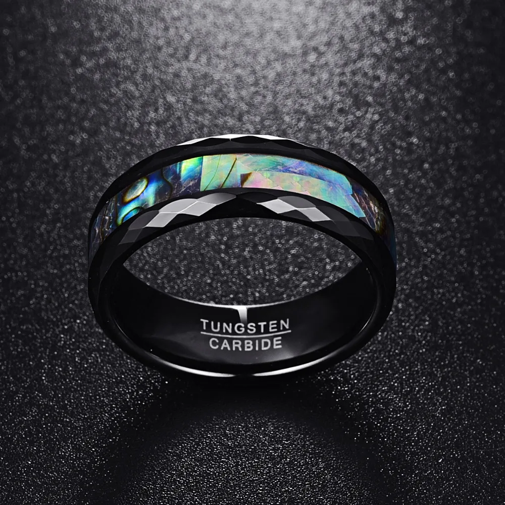 8mm Abalone Shell Black Faceted Tungsten Mens Ring