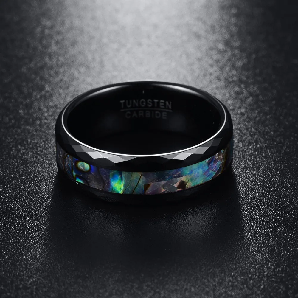 8mm Abalone Shell Black Faceted Tungsten Mens Ring