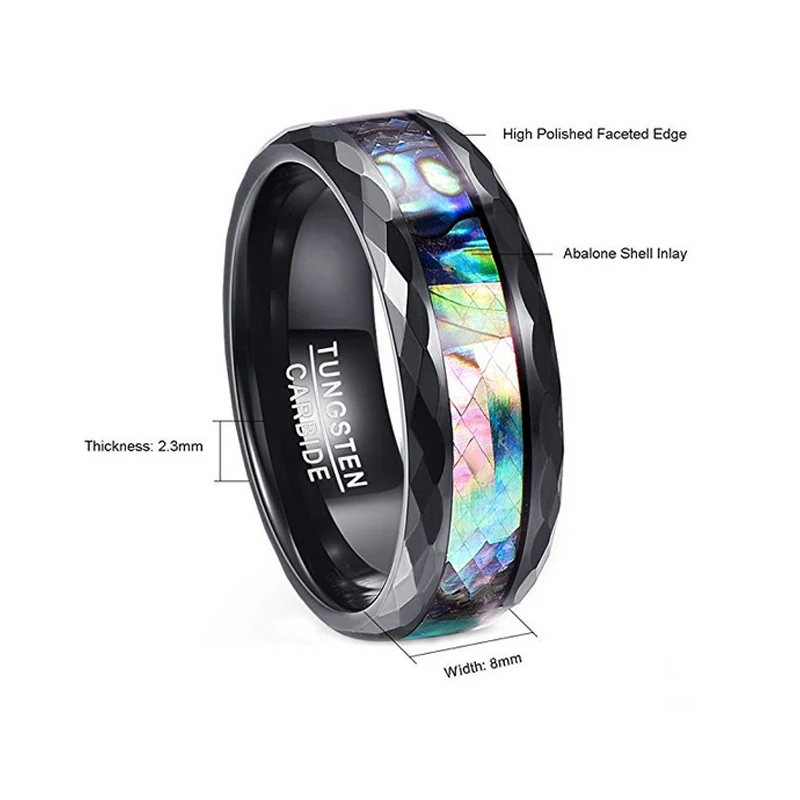 8mm Abalone Shell Black Faceted Tungsten Mens Ring
