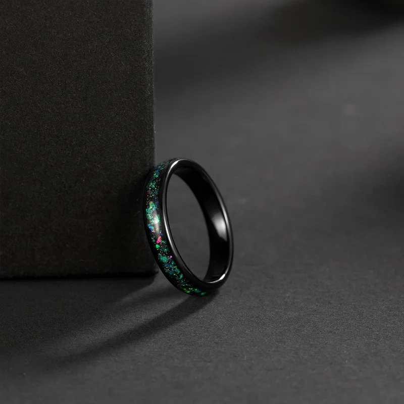 Multi-Colors Opal Inlay Mens Black Tungsten Ring