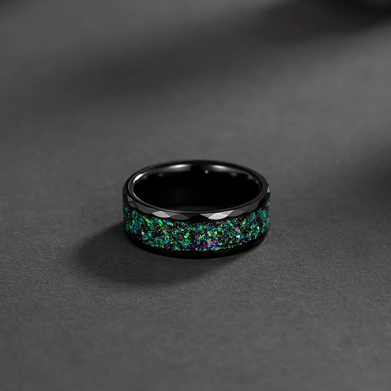 Multi-Colors Opal Inlay Mens Black Tungsten Ring