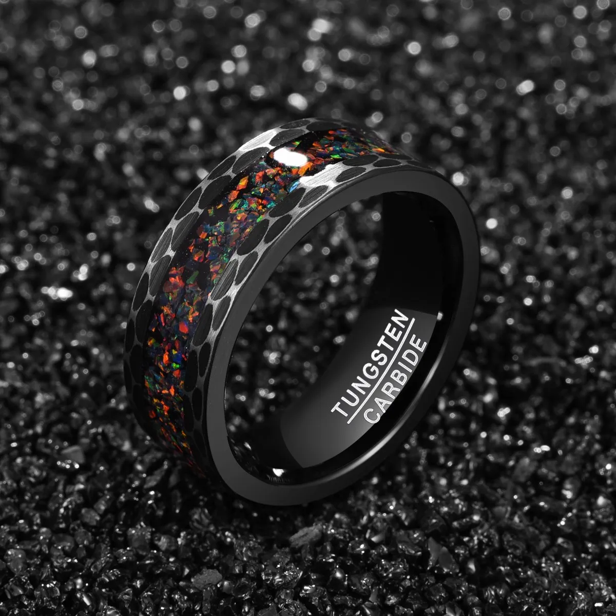 Opal Inlay Black Tungsten Rings for Men