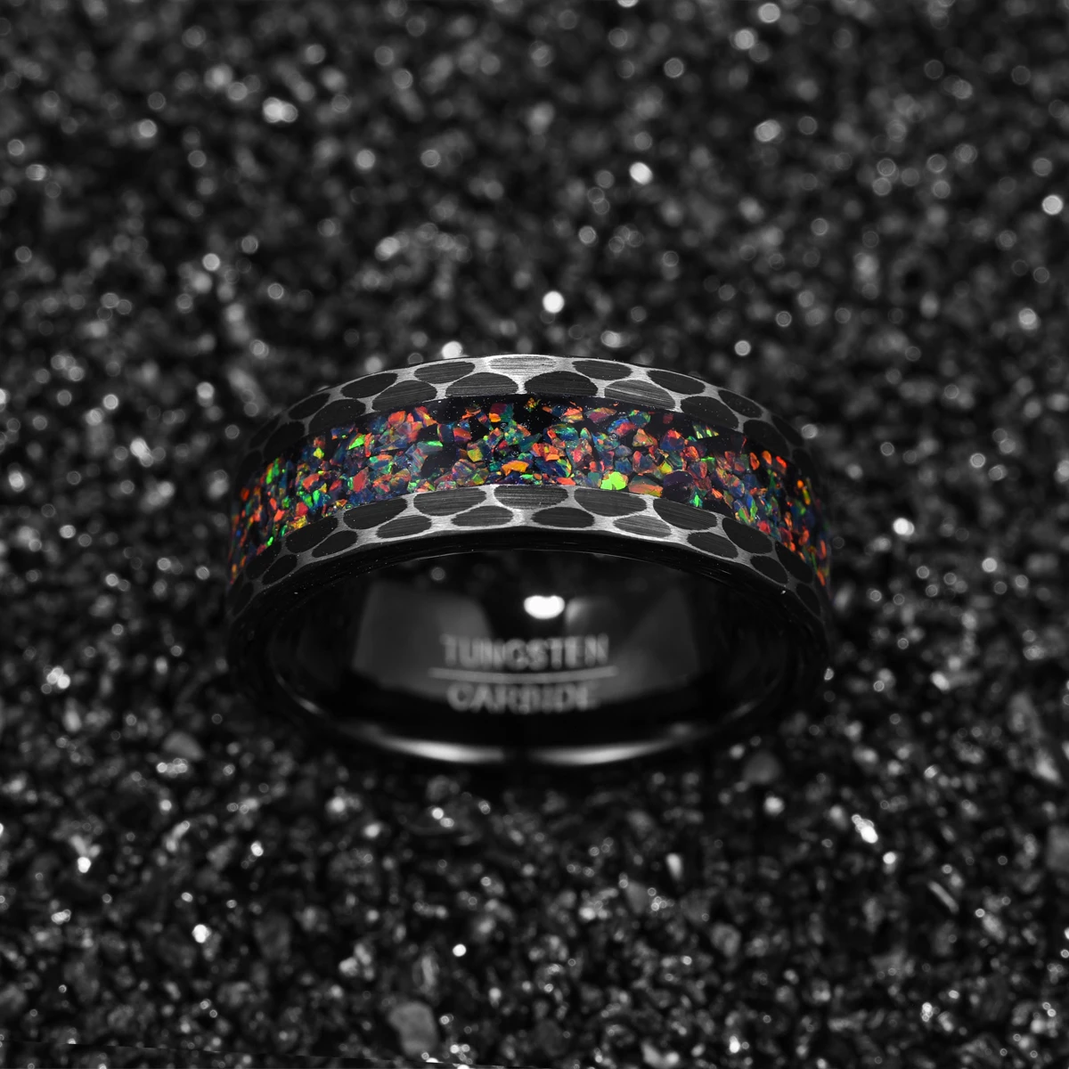 Opal Inlay Black Tungsten Rings for Men