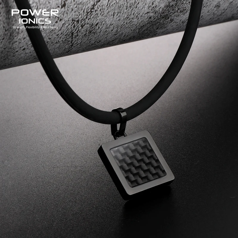 Power Balance Necklace Tourmaline Black Carbon Fiber Square Pendant