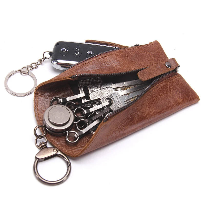 Genuine Leather Key Wallet Zipper Car Key Holder Housekeeper Key Organizer
