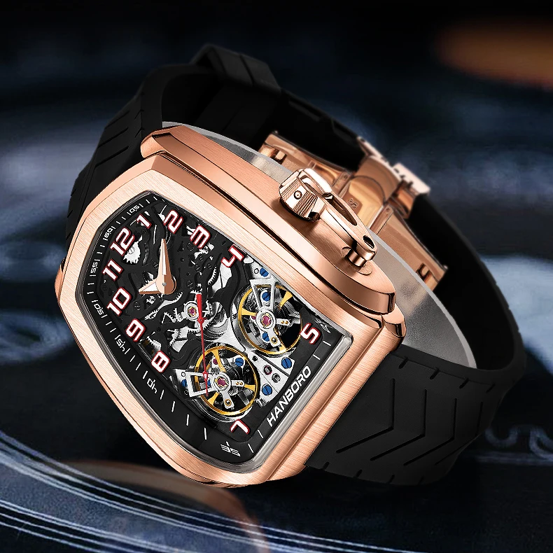 HANBORO 50M Waterproof Skeleton Dual Flywheel Watch