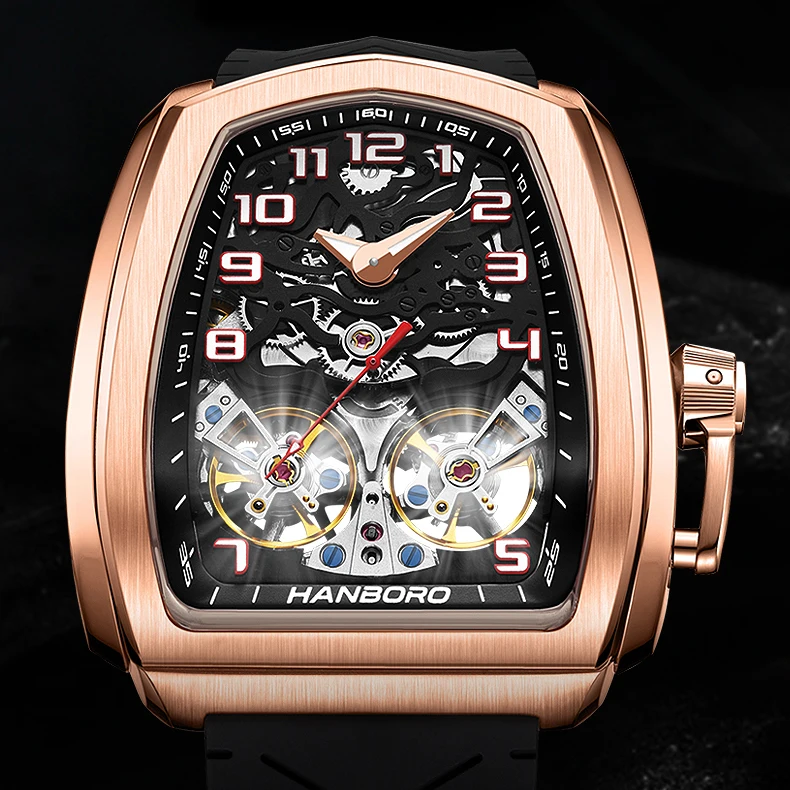 HANBORO 50M Waterproof Skeleton Dual Flywheel Watch