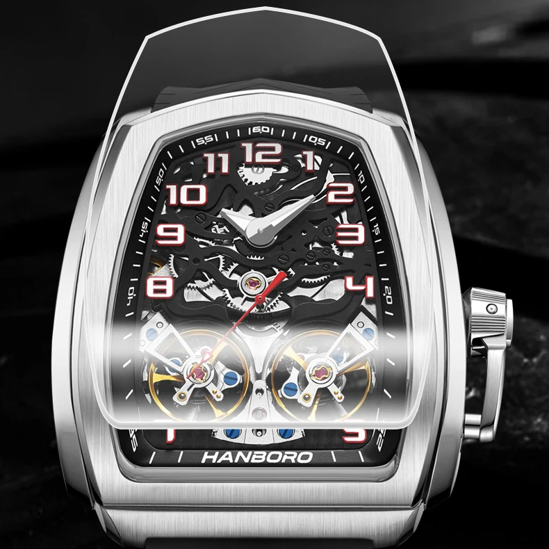 HANBORO 50M Waterproof Skeleton Dual Flywheel Watch