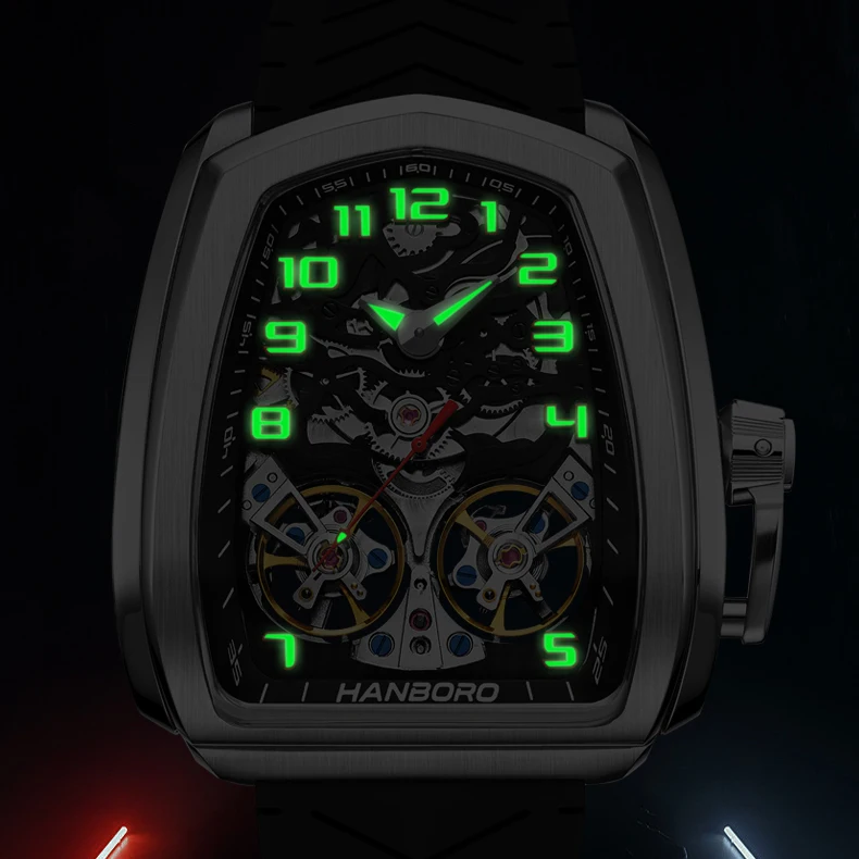 HANBORO 50M Waterproof Skeleton Dual Flywheel Watch