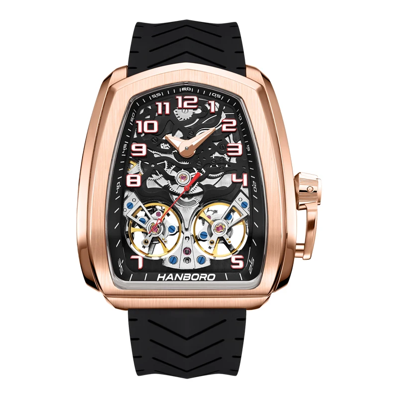 HANBORO 50M Waterproof Skeleton Dual Flywheel Watch