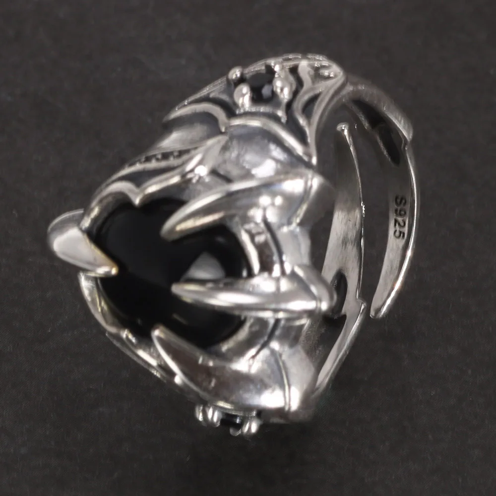 Antique Paw Ring 925 Silver with Black Agate Stone