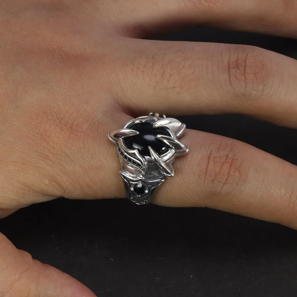 Antique Paw Ring 925 Silver with Black Agate Stone