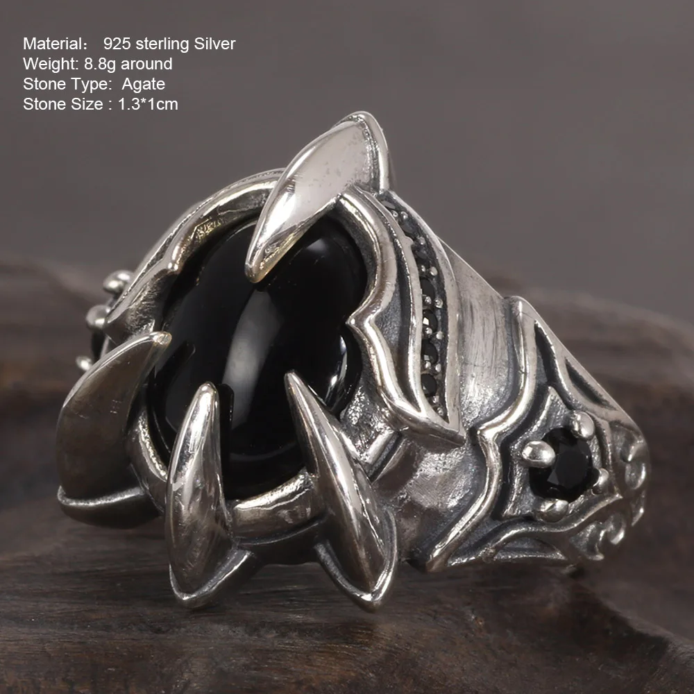 Antique Paw Ring 925 Silver with Black Agate Stone