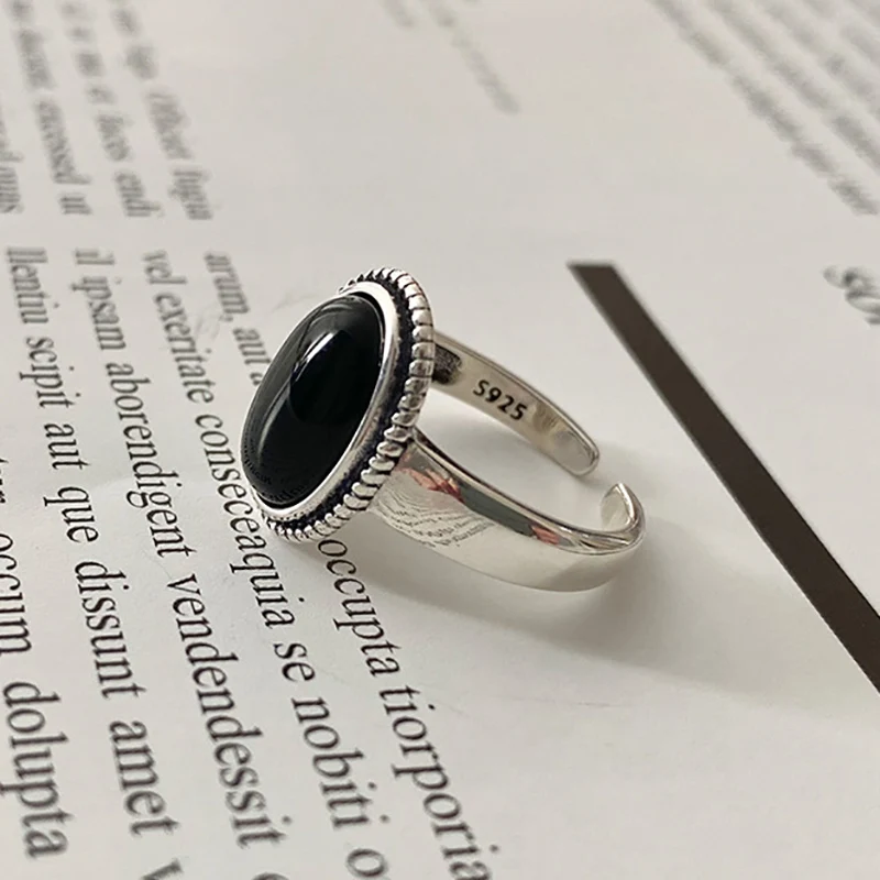 Vintage 925 Sterling Silver Onyx Black Stone Ring for Women