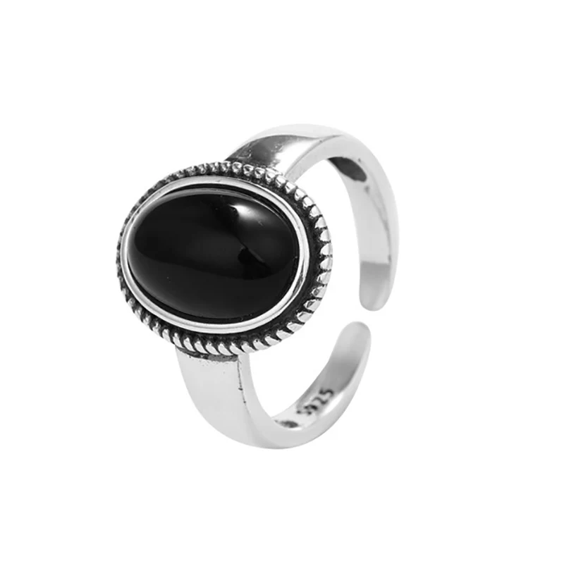 Vintage 925 Sterling Silver Onyx Black Stone Ring for Women