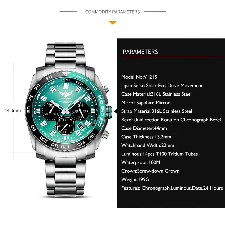 Yelang Watches Eco-Drive Solar T100 Luminous