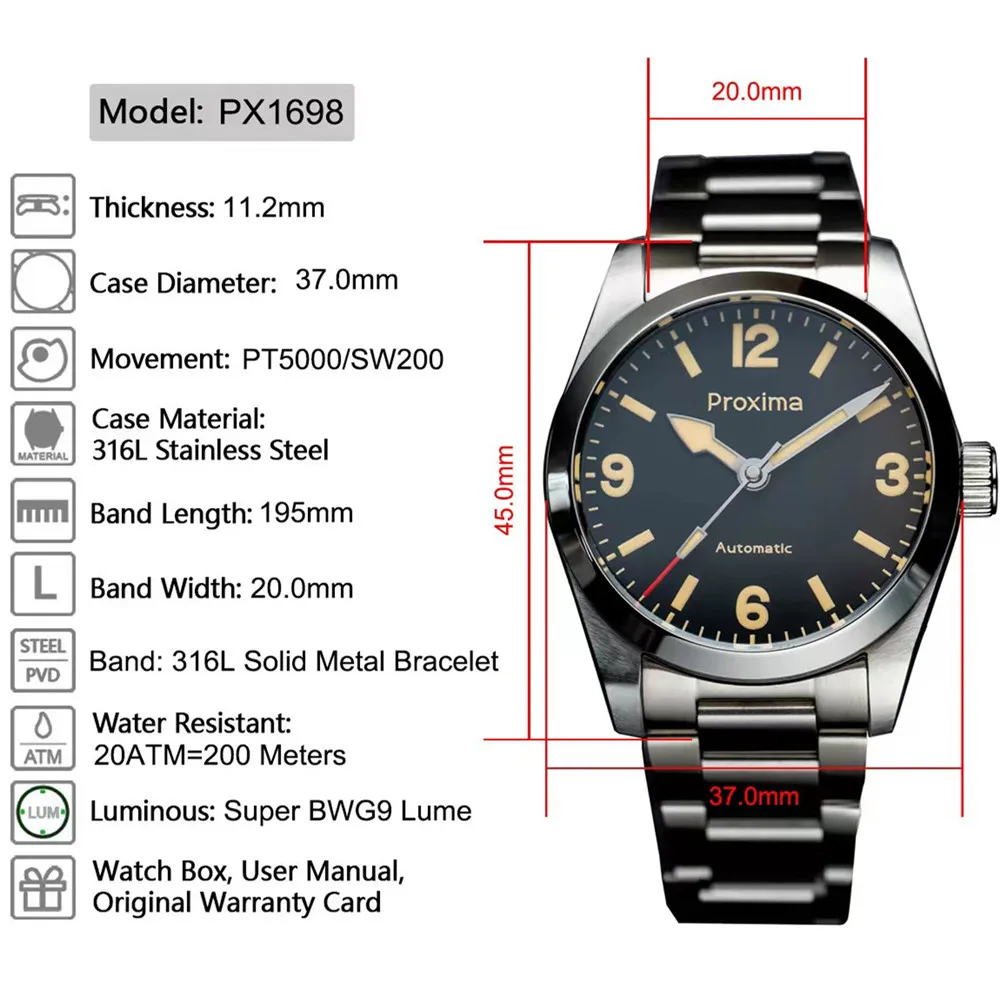 Proxima PX1698 Automatic Men's Watch 37mm Dial