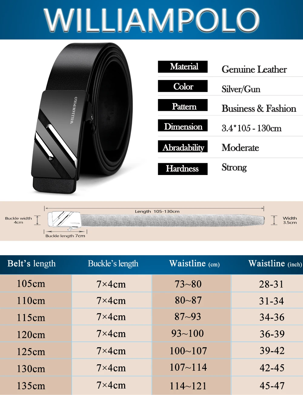 William POLO Men's Automatic Buckle Belt No Holes