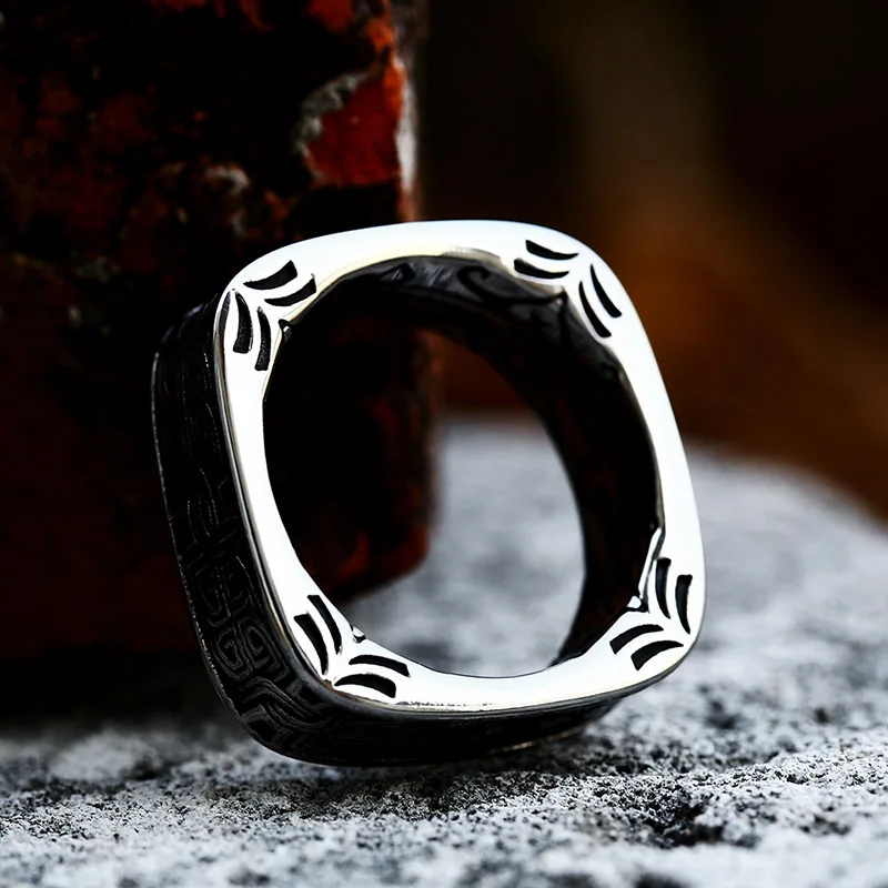 Unique Square Shaped Ring for Men Vintage Carved Pattern