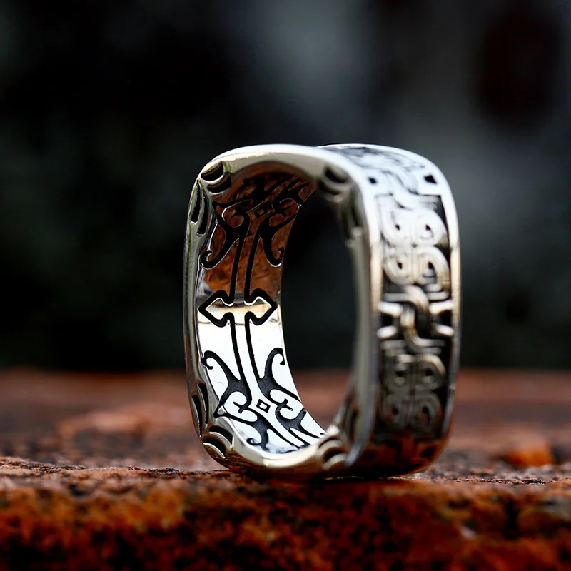 Unique Square Shaped Ring for Men Vintage Carved Pattern
