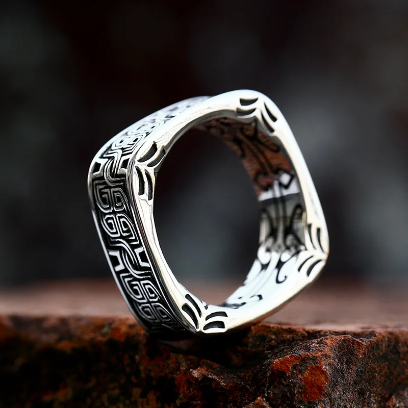 Unique Square Shaped Ring for Men Vintage Carved Pattern