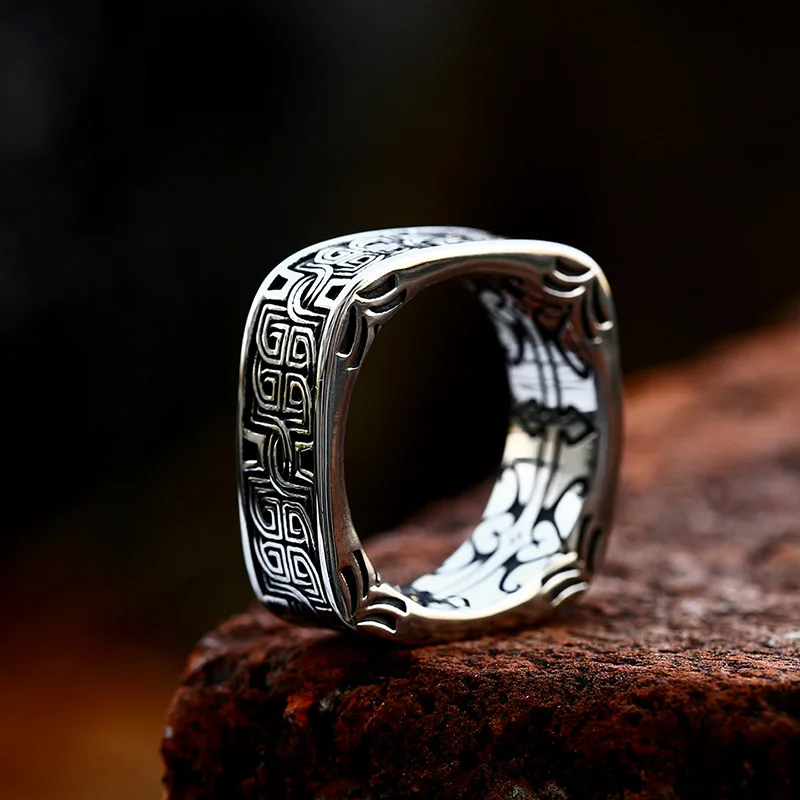 Unique Square Shaped Ring for Men Vintage Carved Pattern