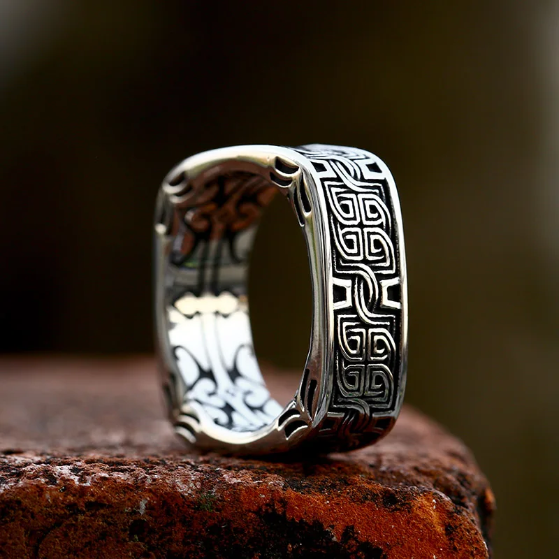 Unique Square Shaped Ring for Men Vintage Carved Pattern