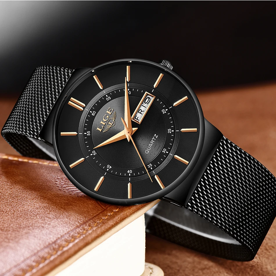LIGE Men's Ultra Thin Waterproof Quartz Watch with Date