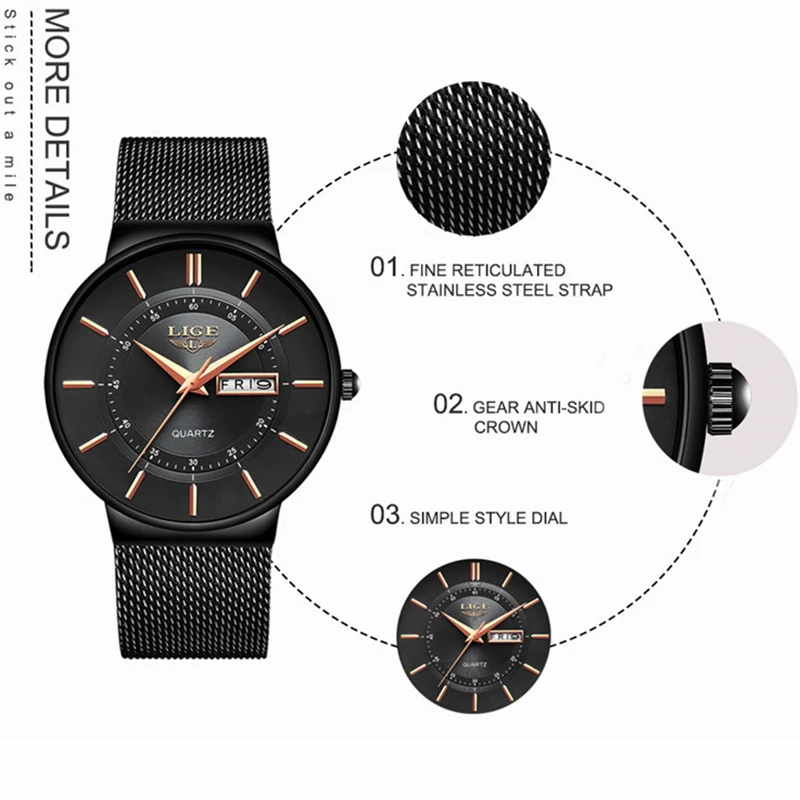 LIGE Men's Ultra Thin Waterproof Quartz Watch with Date