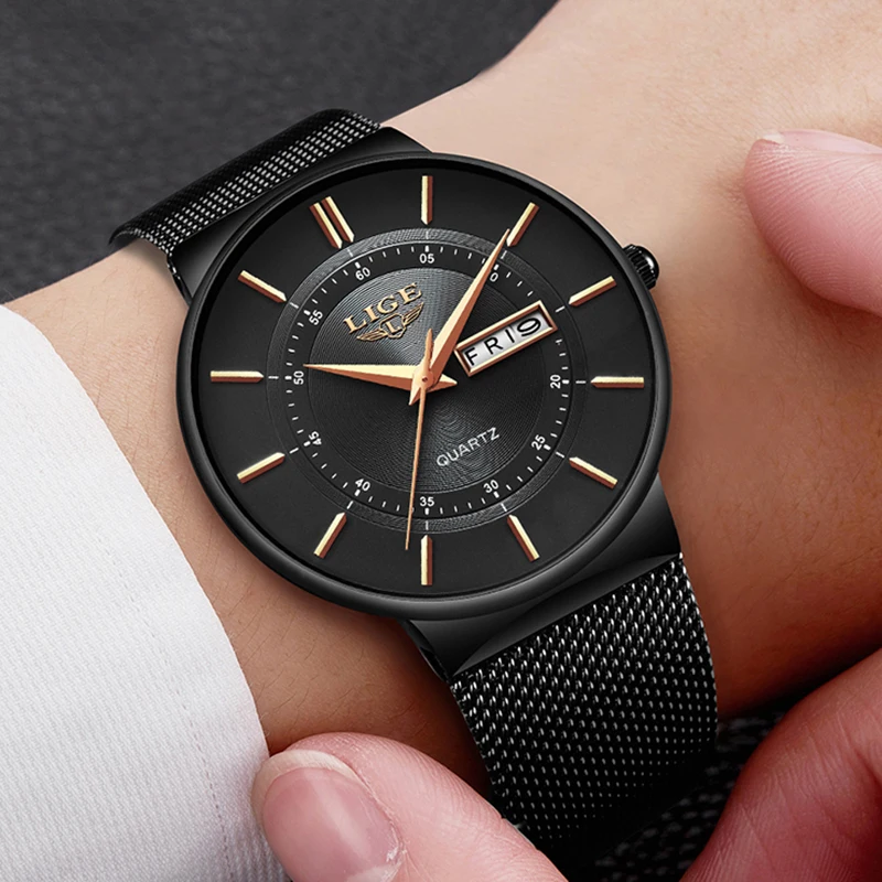 LIGE Men's Ultra Thin Waterproof Quartz Watch with Date