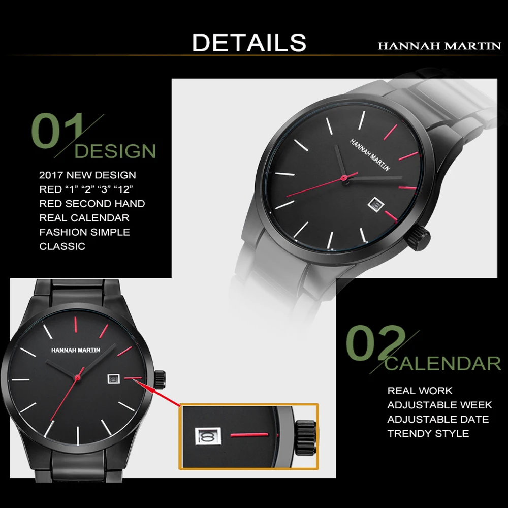 Hannah Martin Red Black Stainless Steel Business Men's Watch