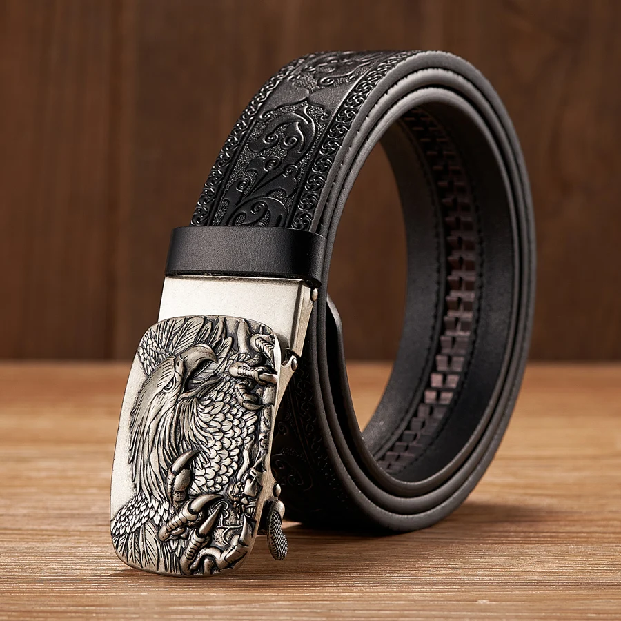 Eagle Head Alloy Automatic Buckle Cowskin Leather Belt