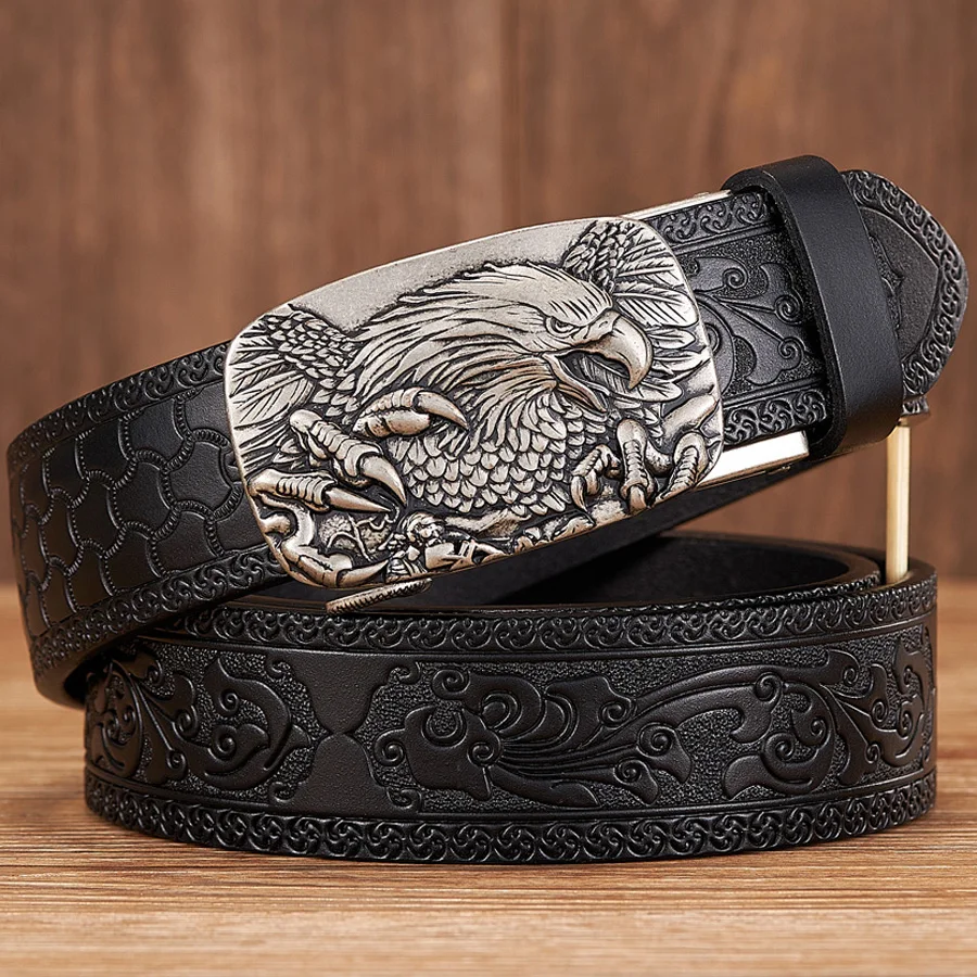 Eagle Head Alloy Automatic Buckle Cowskin Leather Belt