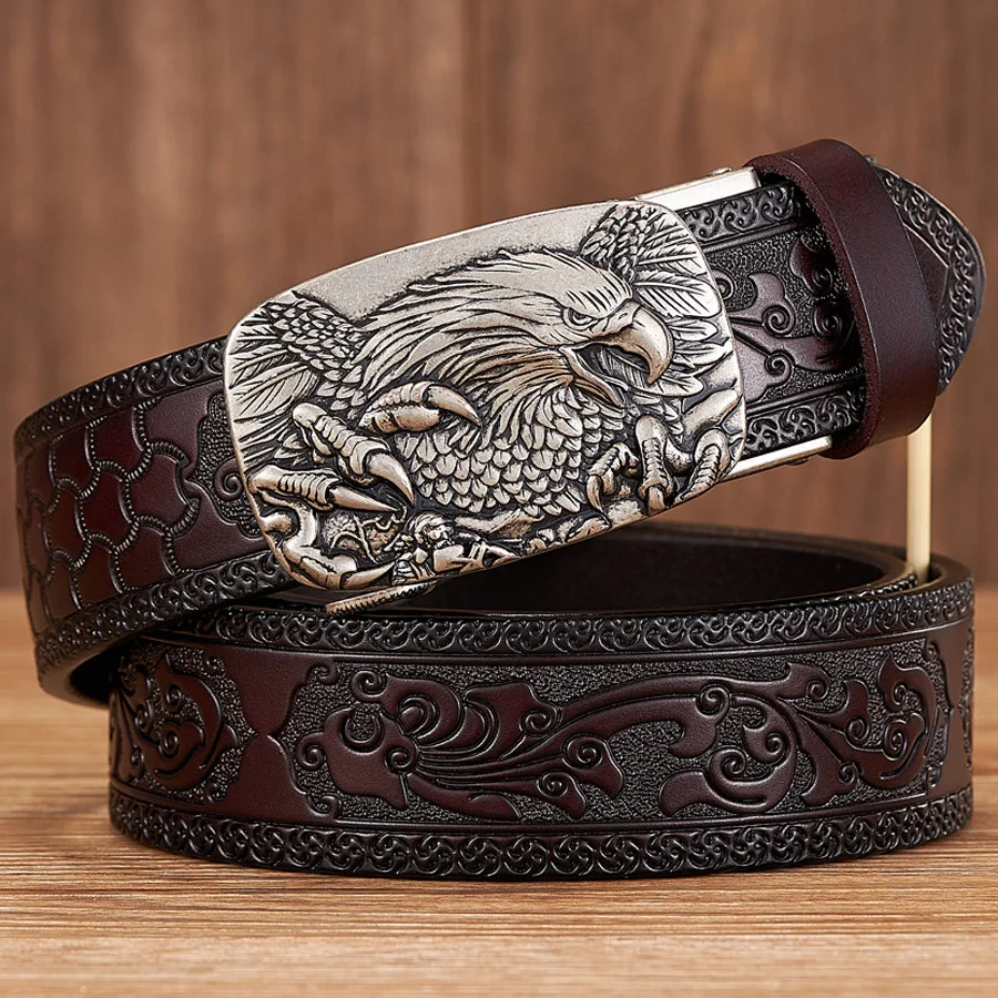 Eagle Head Alloy Automatic Buckle Cowskin Leather Belt
