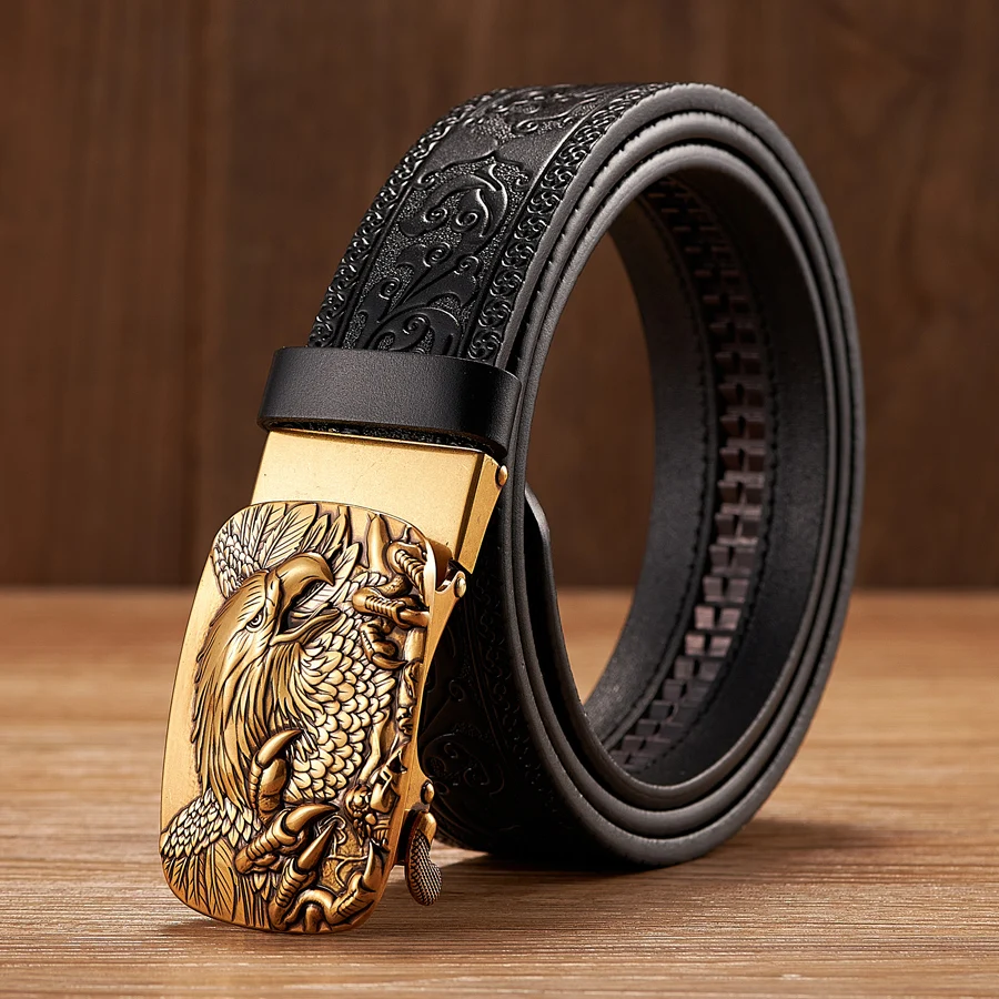 Eagle Head Alloy Automatic Buckle Cowskin Leather Belt