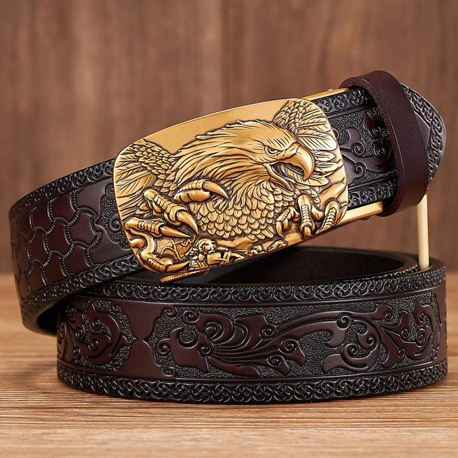 Eagle Head Alloy Automatic Buckle Cowskin Leather Belt