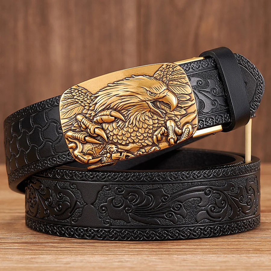 Eagle Head Alloy Automatic Buckle Cowskin Leather Belt