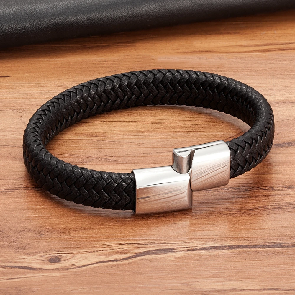 Genuine Leather Bracelet Stainless Steel Magnetic Clasp