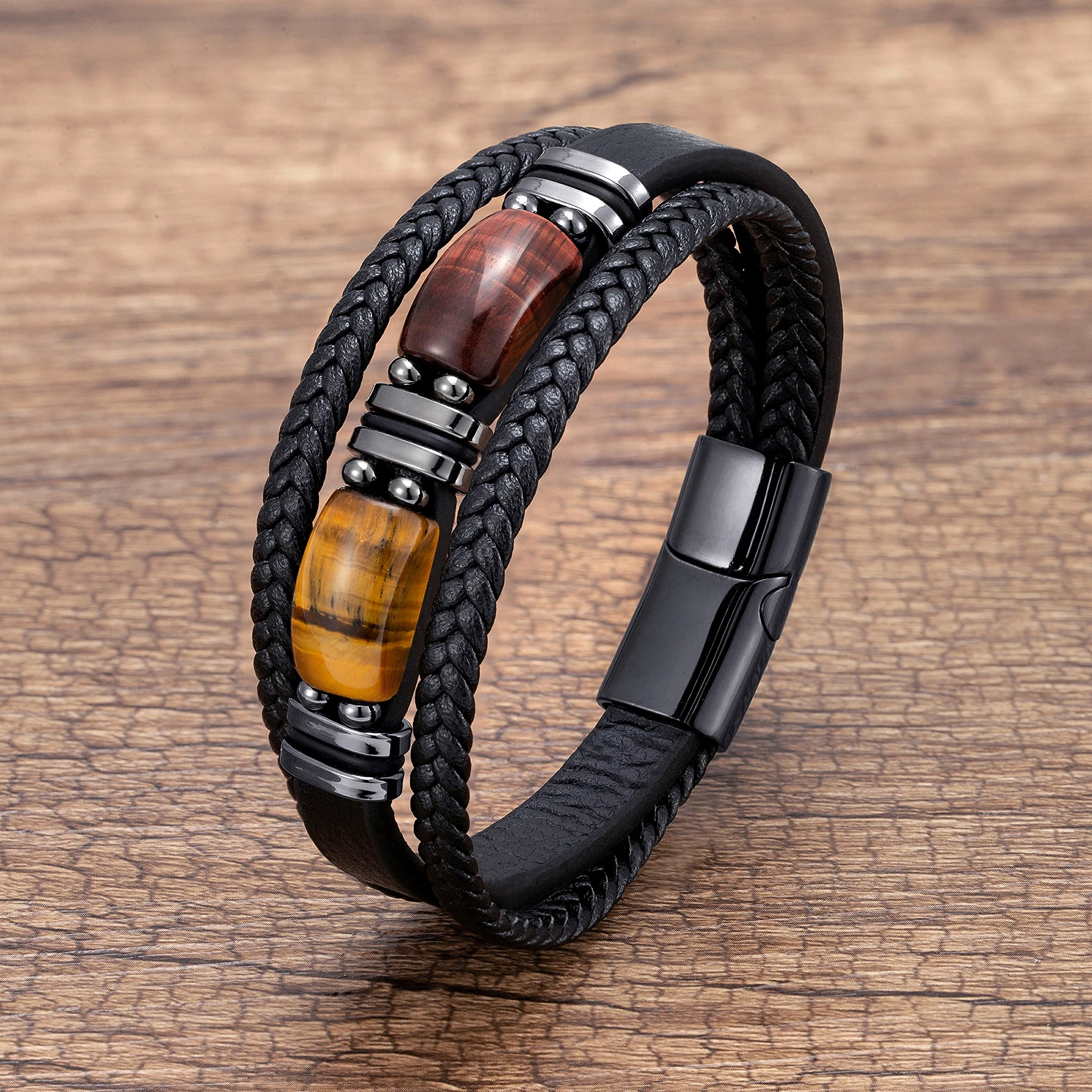 Natural Tiger Eye Stone Bracelet with Braided Leather for Men