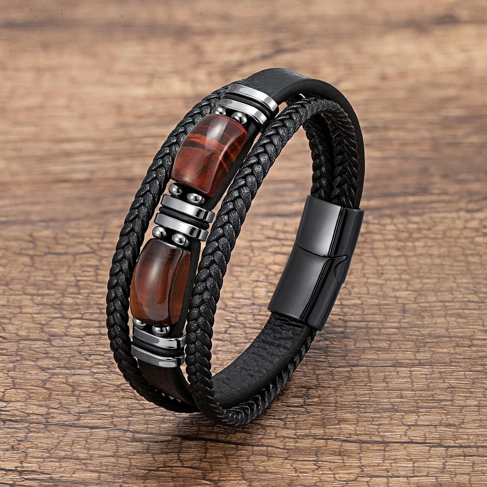 Natural Tiger Eye Stone Bracelet with Braided Leather for Men