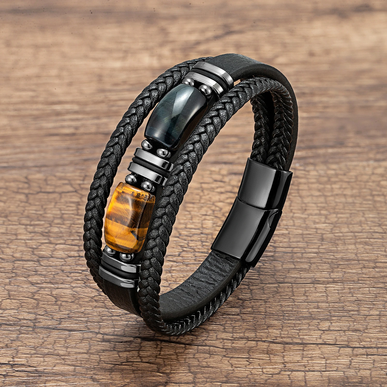 Natural Tiger Eye Stone Bracelet with Braided Leather for Men
