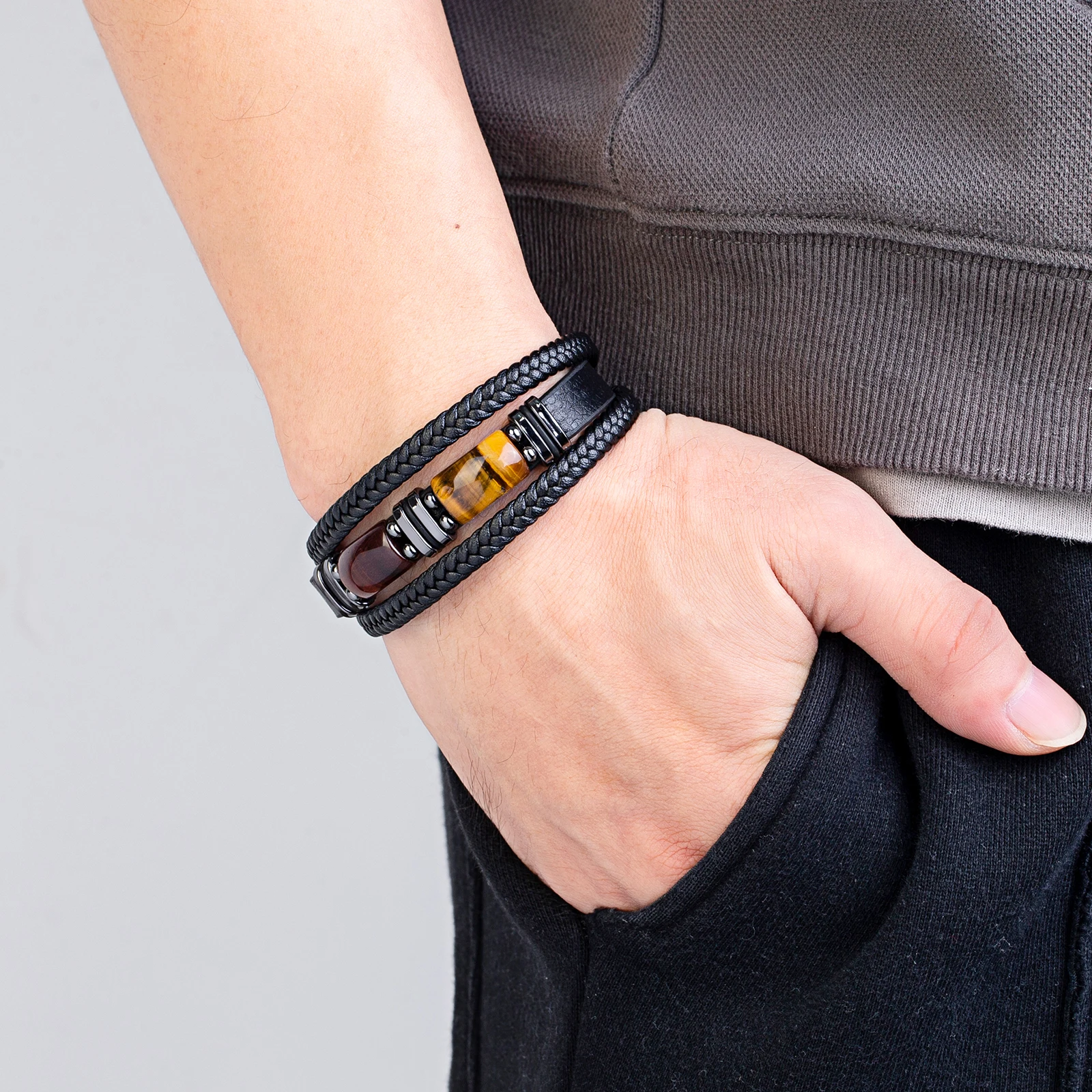 Natural Tiger Eye Stone Bracelet with Braided Leather for Men