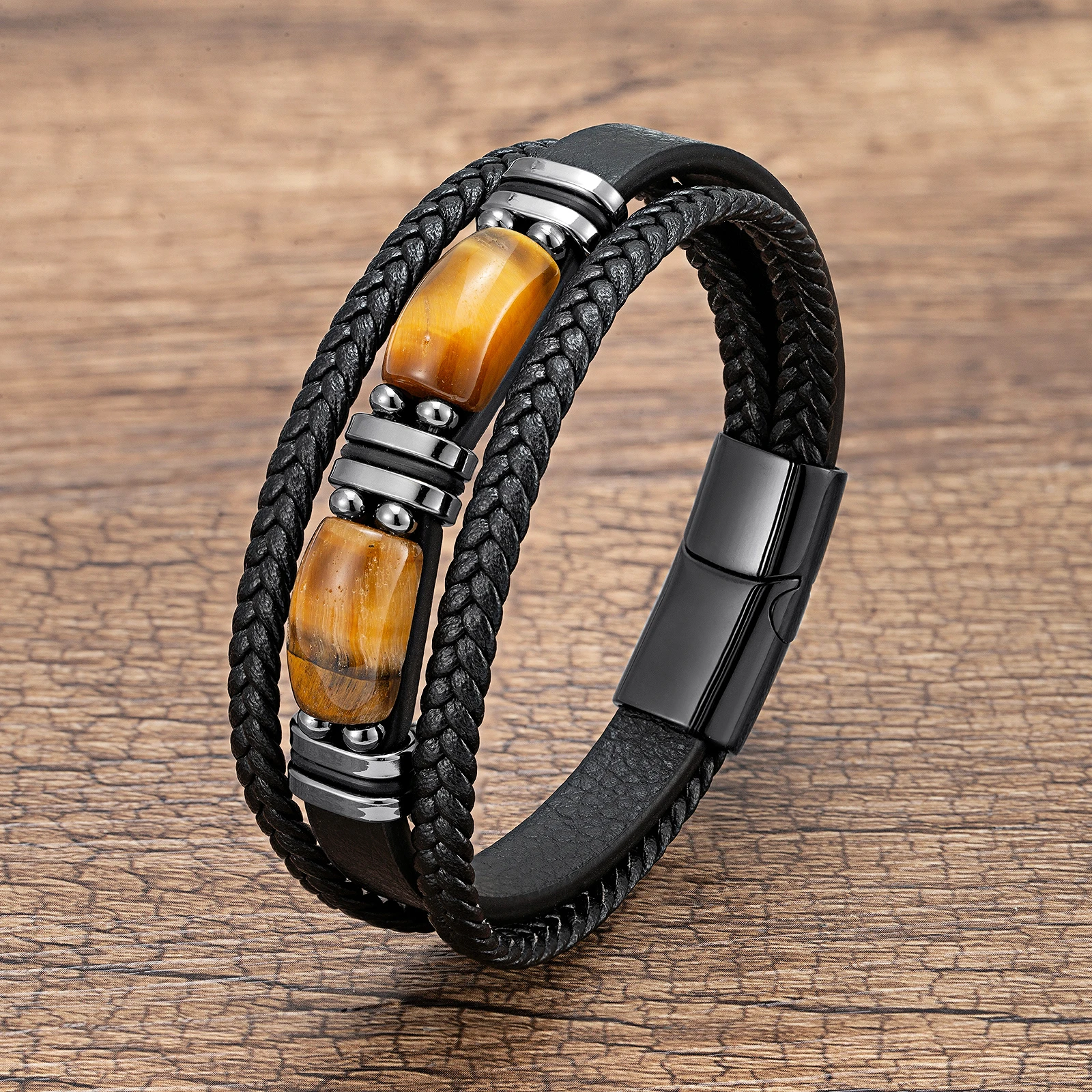 Natural Tiger Eye Stone Bracelet with Braided Leather for Men