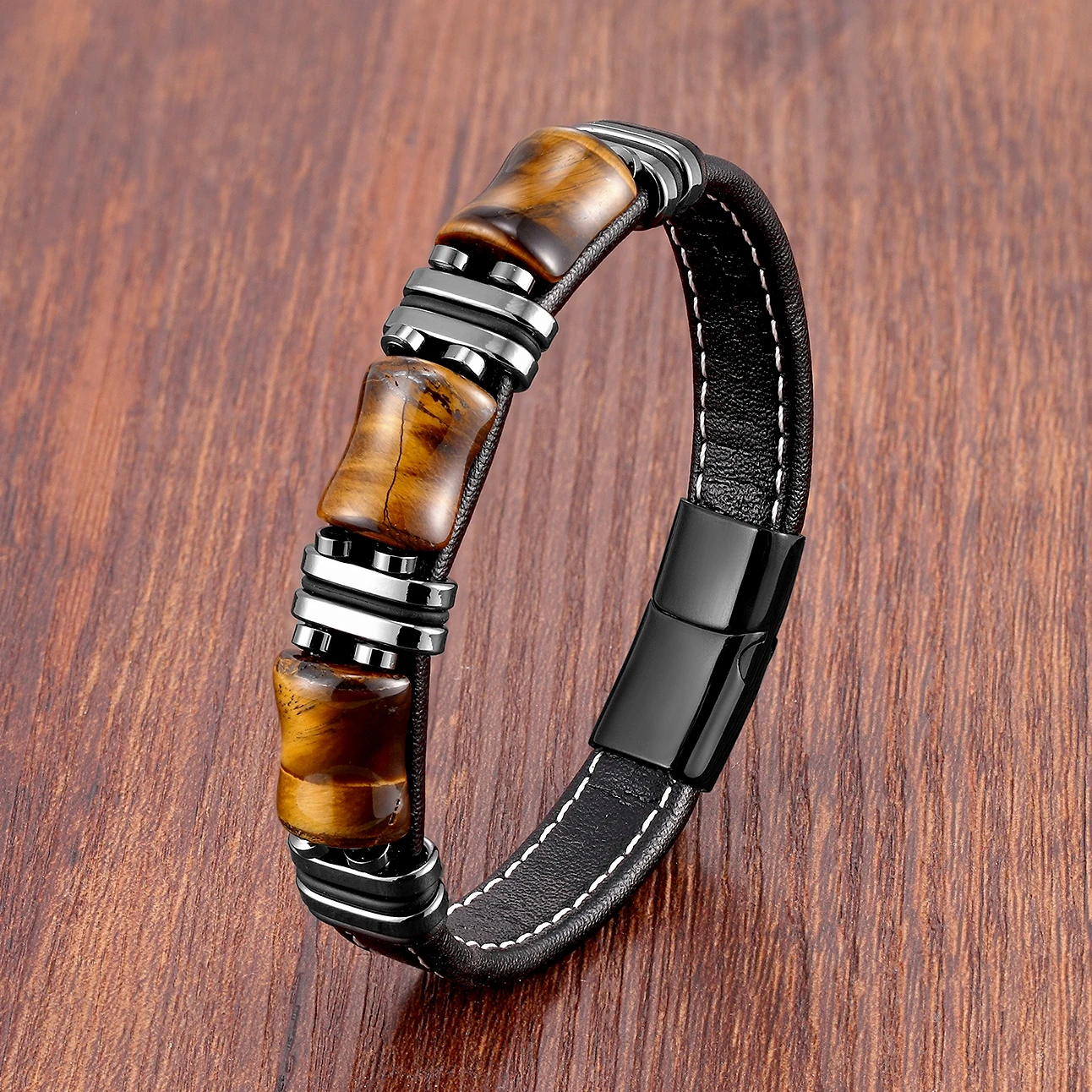 Natural Tiger Eye Stone Leather Rope Bracelet