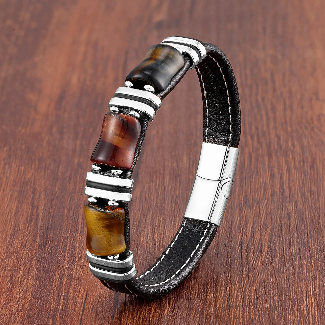 Natural Tiger Eye Stone Leather Rope Bracelet