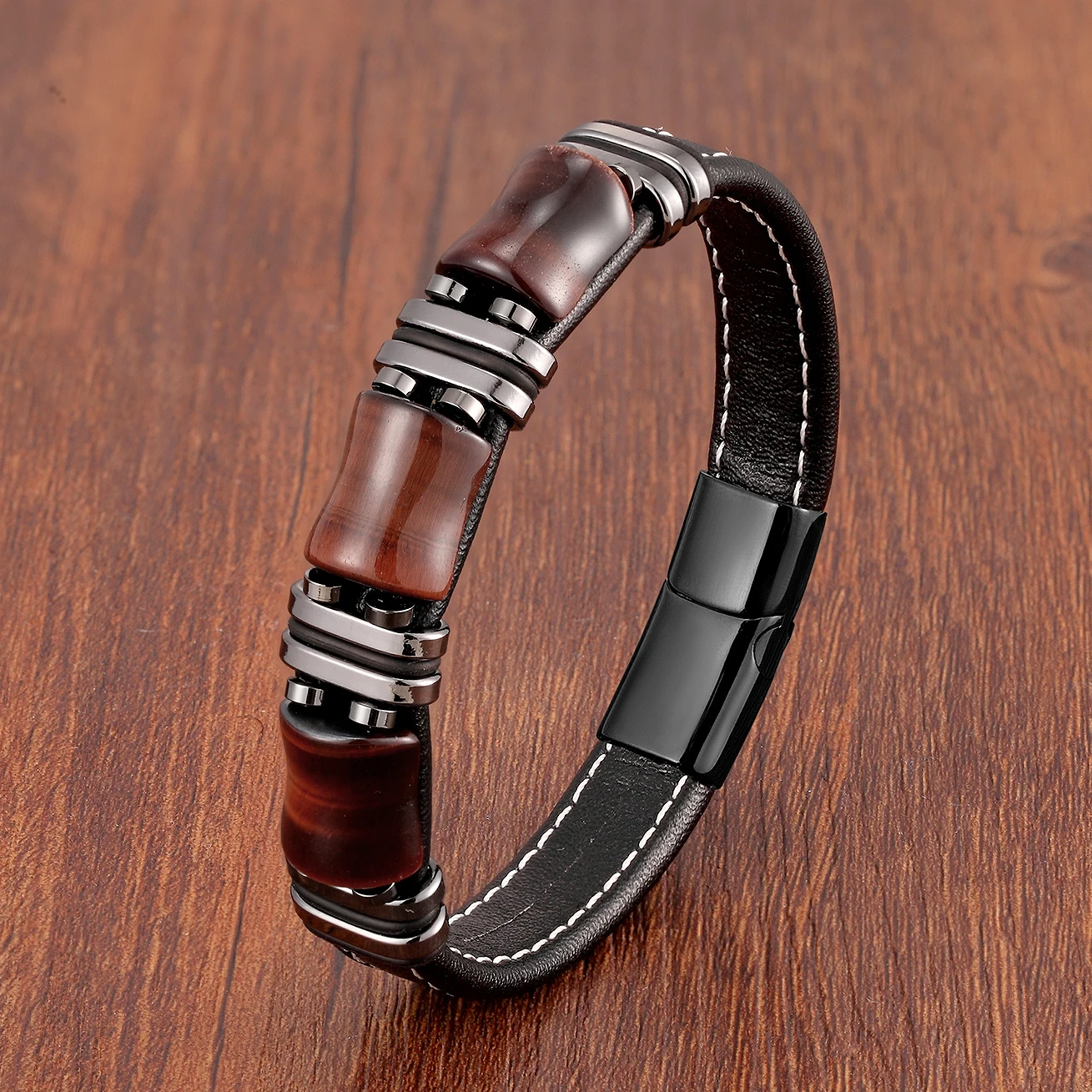 Natural Tiger Eye Stone Leather Rope Bracelet